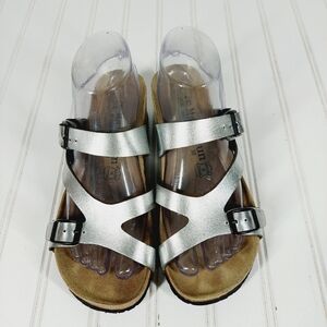 Maibulun 240 Leather  Silver Strappy Slip On Cork Wedge Sandals I396